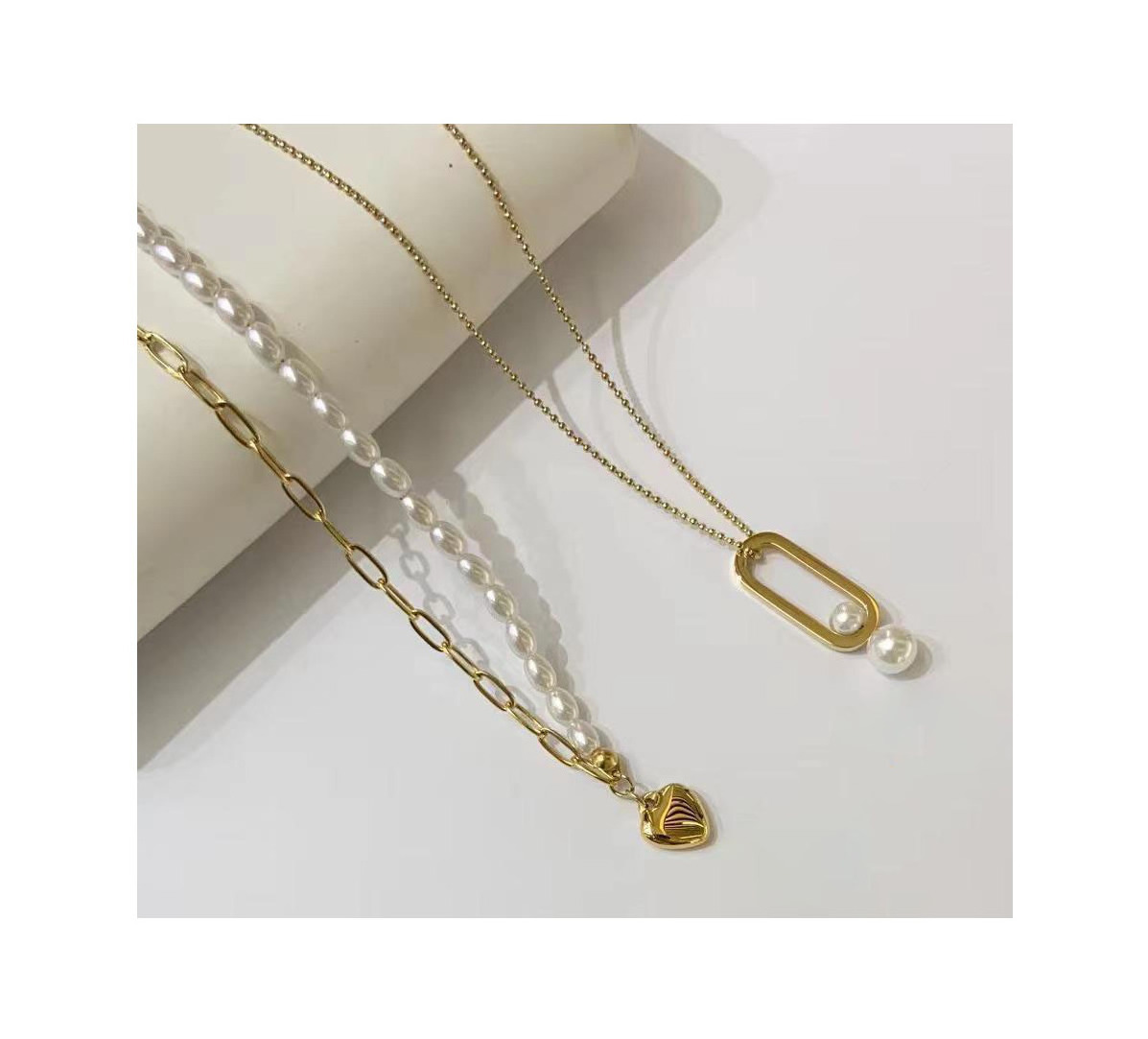 TTM XuPing Trend Vintage Pearl Necklace PVD Chain Necklace Stainless Steel Half Chain Half Pearl Connection Necklace for women