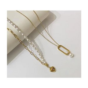 TTM XuPing Trend Vintage Pearl Necklace PVD Chain Necklace Stainless Steel Half Chain Half Pearl Connection Necklace for women