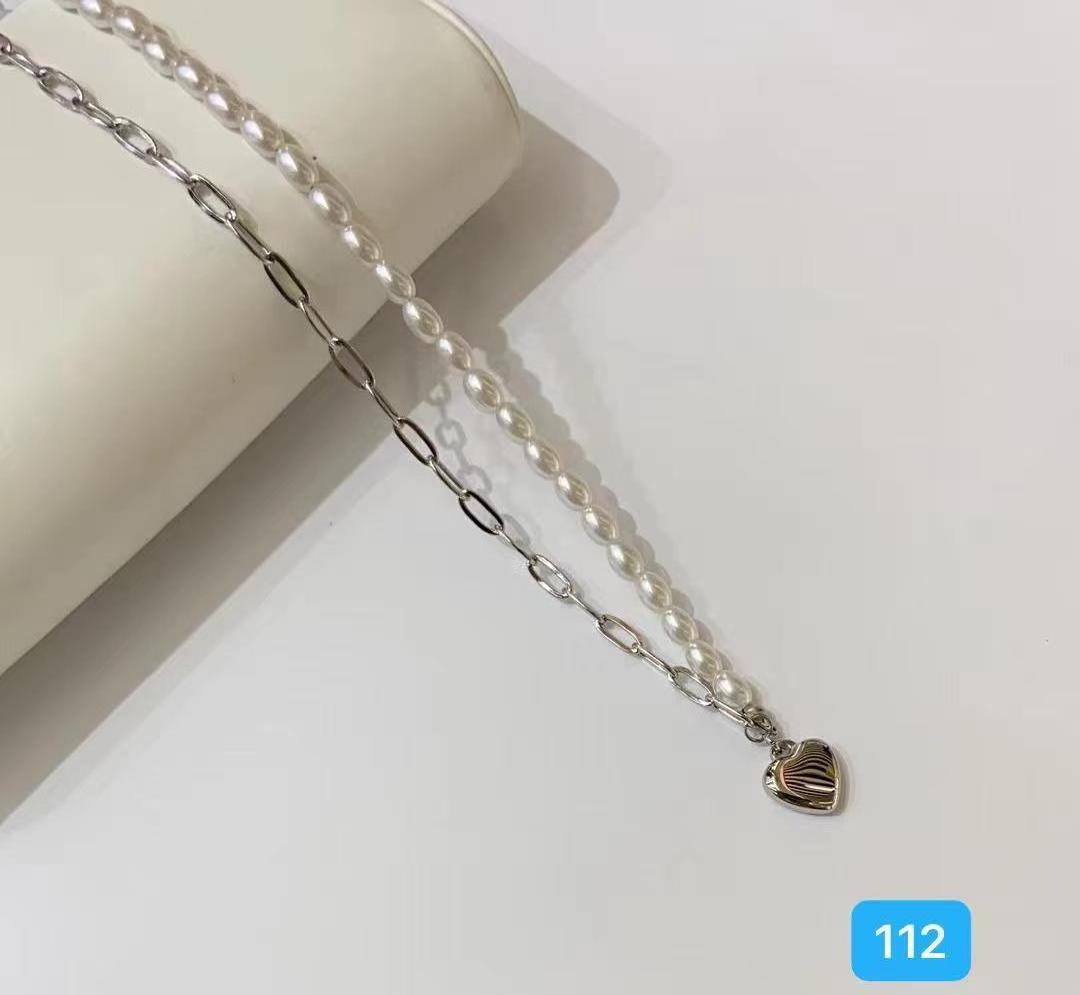 TTM XuPing Trend Vintage Pearl Necklace PVD Chain Necklace Stainless Steel Half Chain Half Pearl Connection Necklace for women