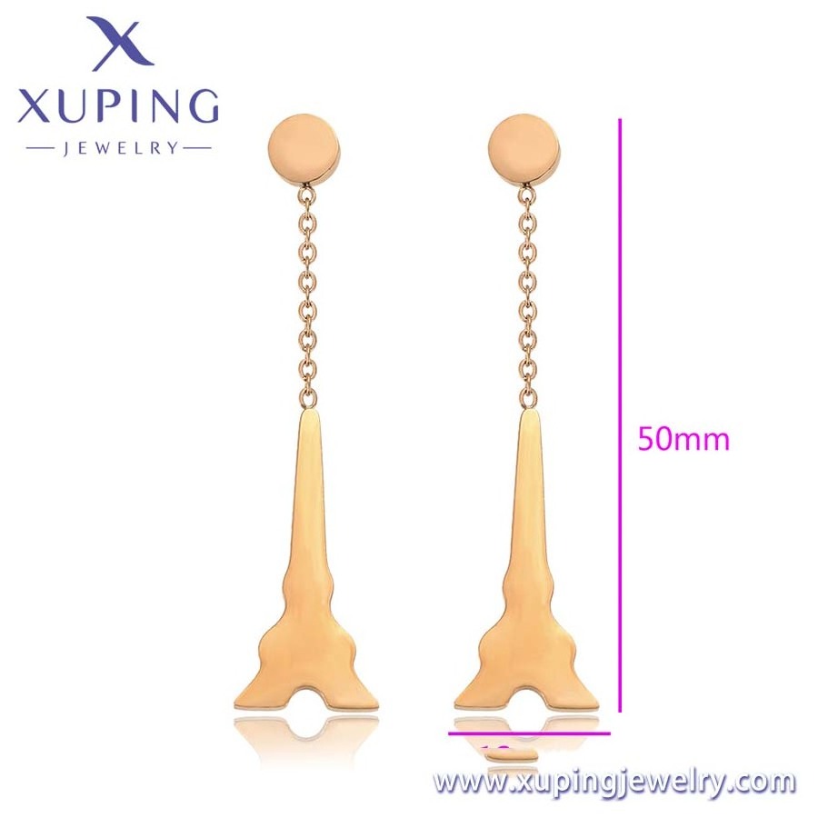 98318 Xuping jewelry new hot sale fashion popular daily simple tower pattern chain rose gold color stainless steel earrings