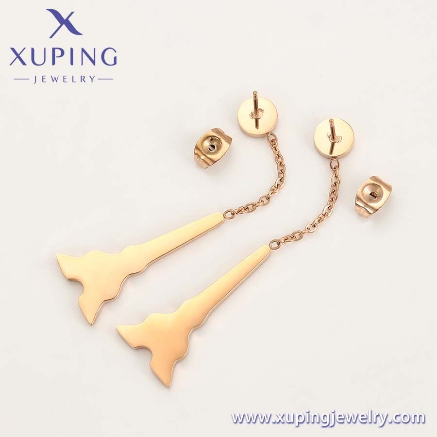 98318 Xuping jewelry new hot sale fashion popular daily simple tower pattern chain rose gold color stainless steel earrings