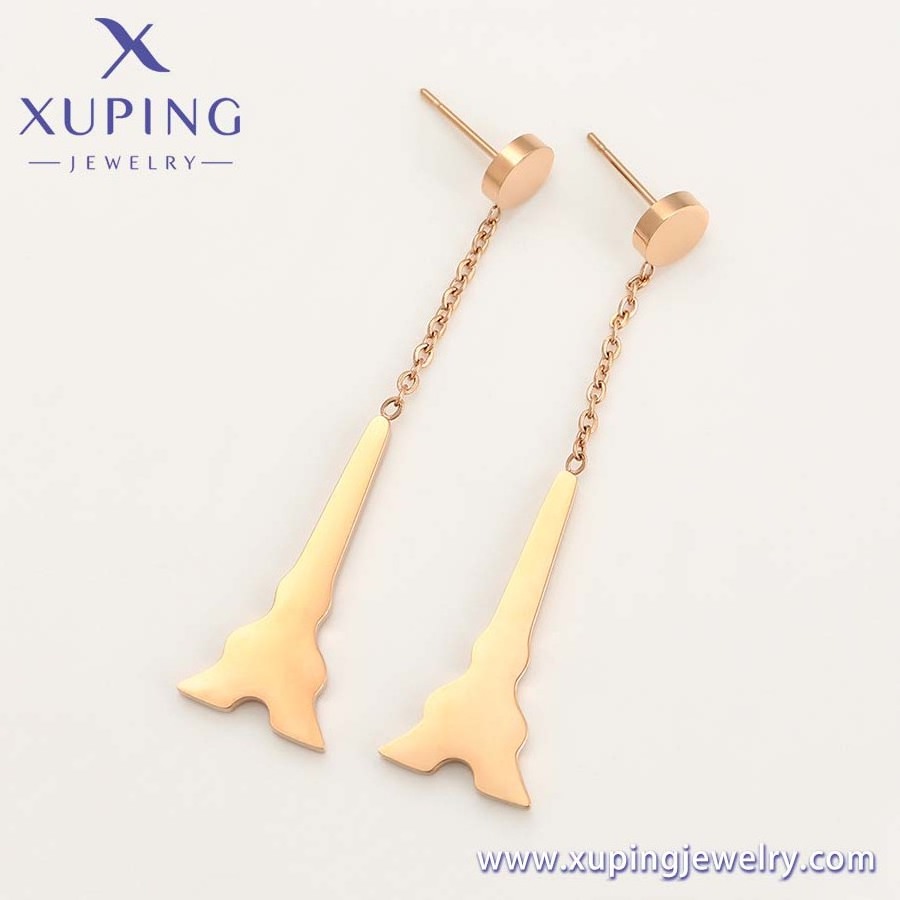 98318 Xuping jewelry new hot sale fashion popular daily simple tower pattern chain rose gold color stainless steel earrings