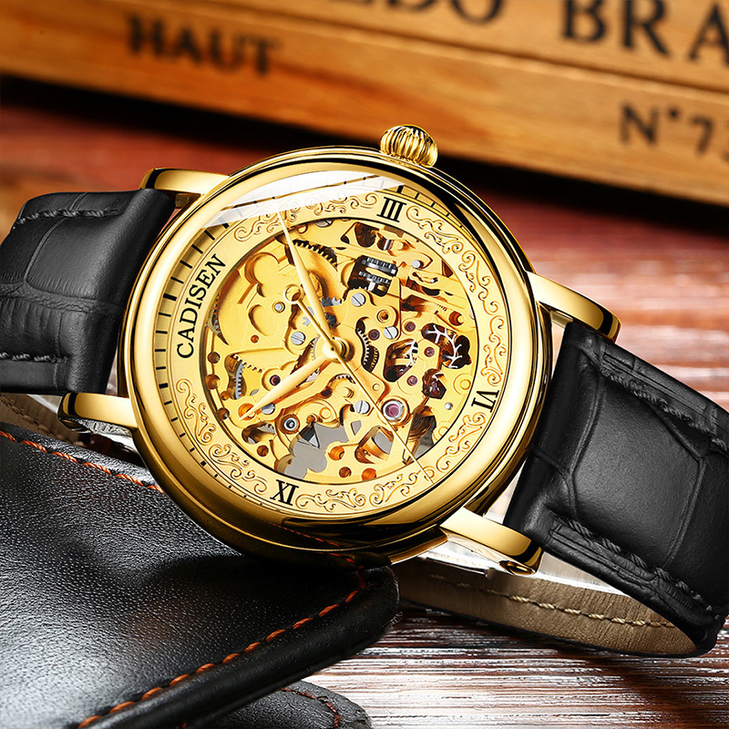 CADISEN 8165 Men Watches Automatic Mechanical Watch Hollow out Golden Leather Casual Business Retro Wristwatch