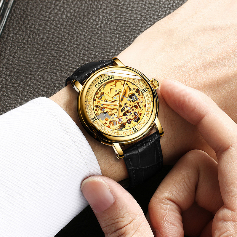 CADISEN 8165 Men Watches Automatic Mechanical Watch Hollow out Golden Leather Casual Business Retro Wristwatch