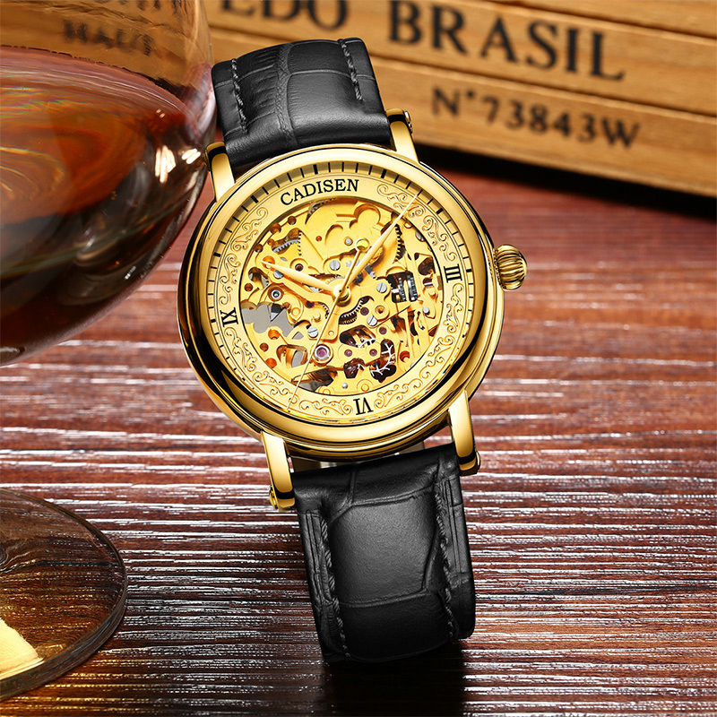 CADISEN 8165 Men Watches Automatic Mechanical Watch Hollow out Golden Leather Casual Business Retro Wristwatch