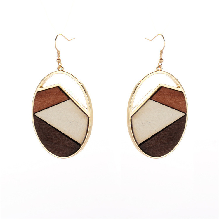 Original design women earrings geometric wooden earrings alloy inlaid wood jewelry