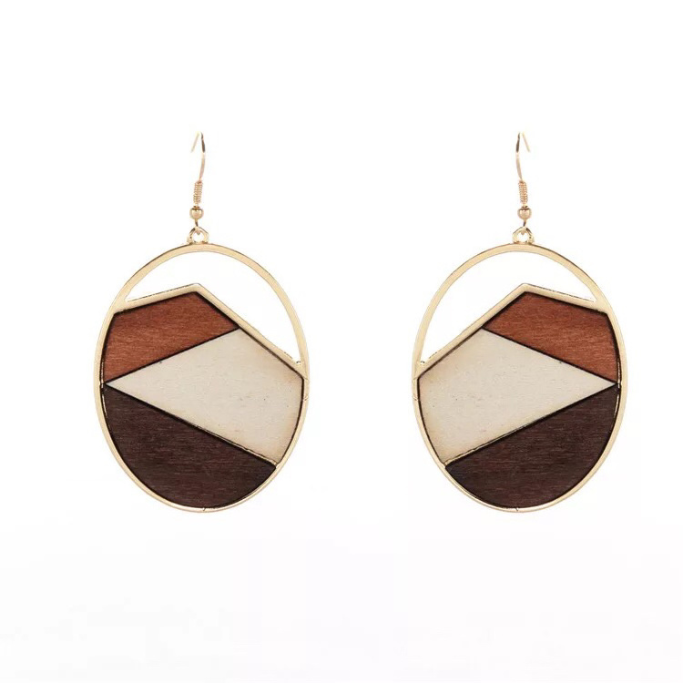 Original design women earrings geometric wooden earrings alloy inlaid wood jewelry