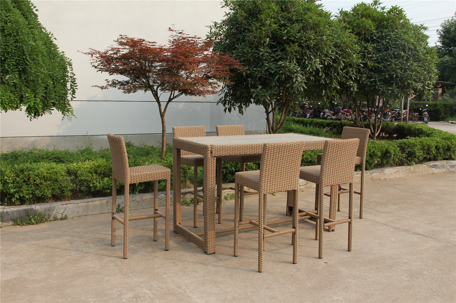 7 Piece Patio Bar Set Outdoor Bar Height Chair with Bar Table Backyard Poly Rattan Table and Chair Set