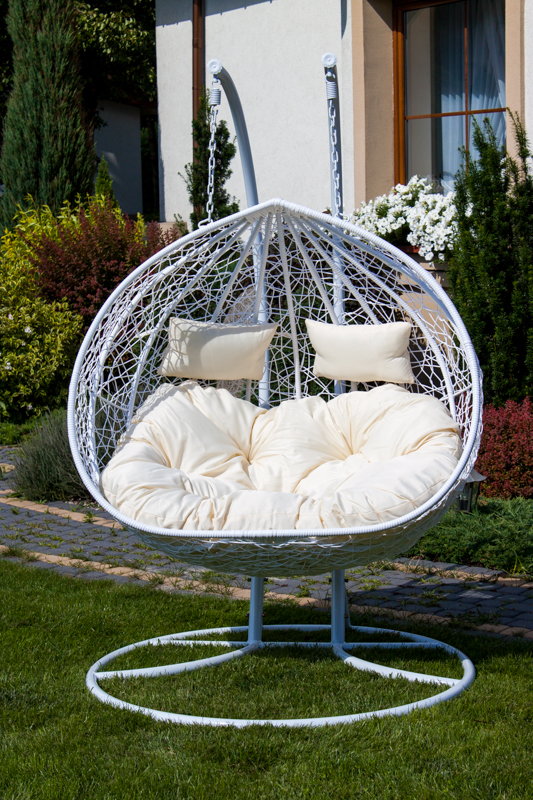 Chestnut-shaped Patio Hanging Double-Seat Chair Garden Wicker Egg Chair Outdoor Rattan Swing with Stand