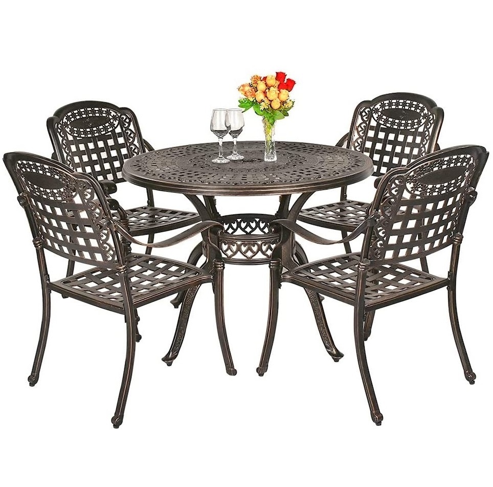 5-Piece Outdoor Cast Aluminum Furniture Dining Set Including 4 Chairs and Round Table with Umbrella hole