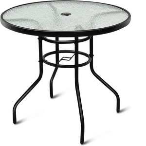 Outdoor Side Table with an umbrella hole Patio Metal Round Bistro Coffee Table with Glass Table Top