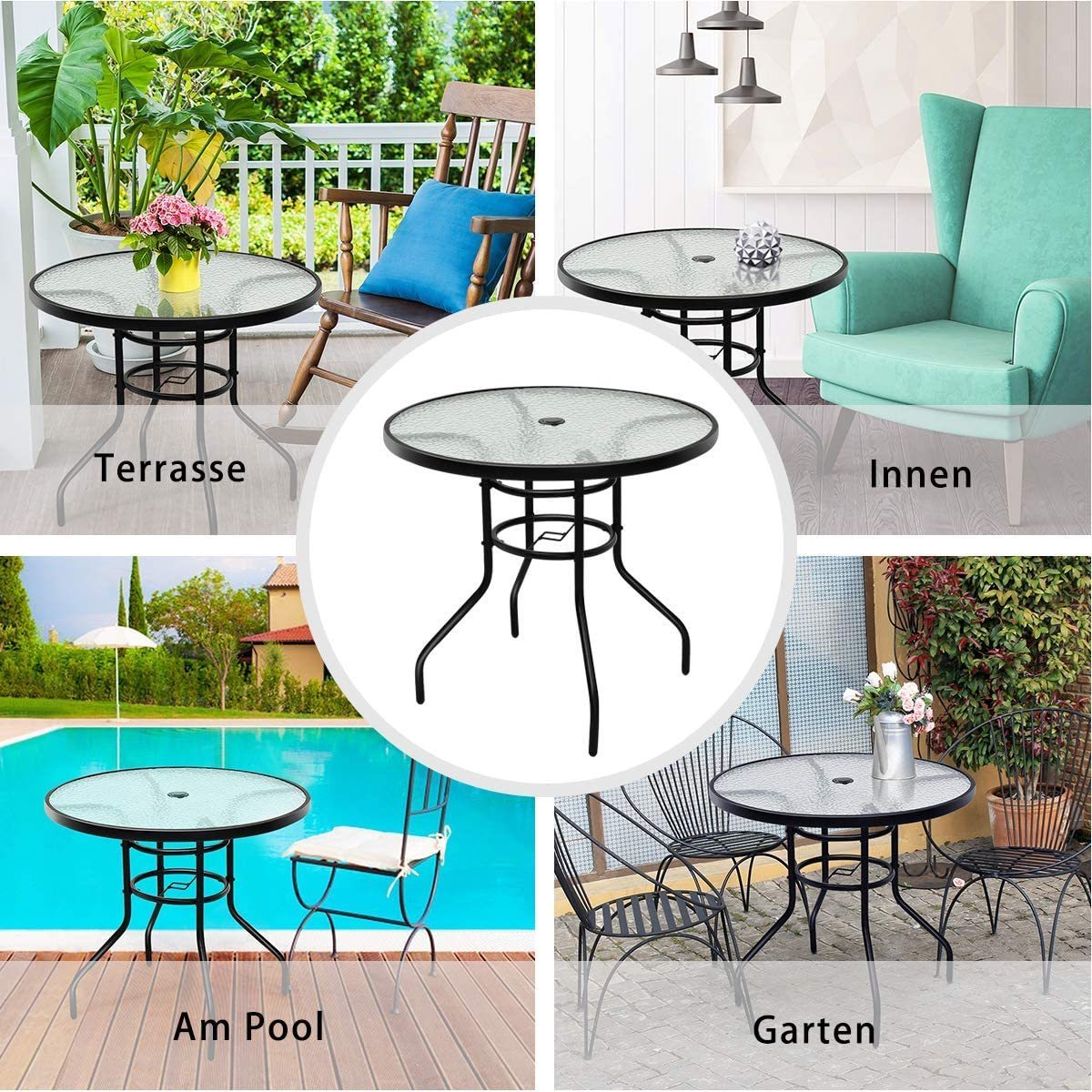 Outdoor Side Table with an umbrella hole Patio Metal Round Bistro Coffee Table with Glass Table Top