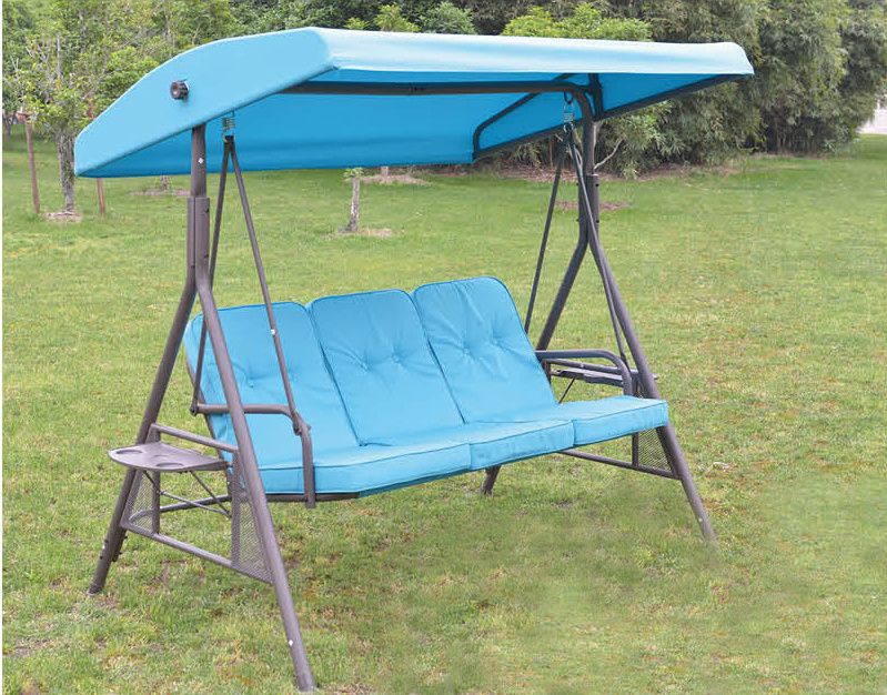 Patio Hanging with Reclinging Function Garden Hanging Chair with Cup Holder Outdoor Steel Frame 3 Seat Swing with Stand