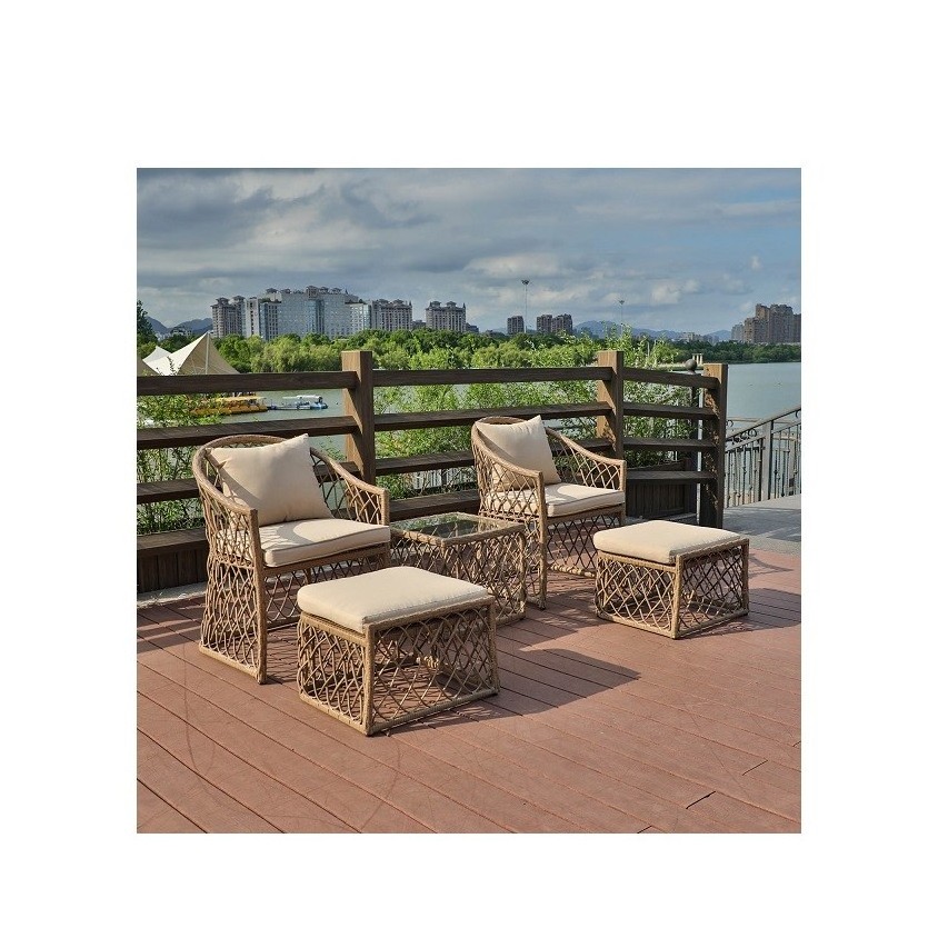 Outdoor Patio 5 Piece Steel Frame Rattan Sun Lounger Set Garden Sectional Sofa Set with Ottoman