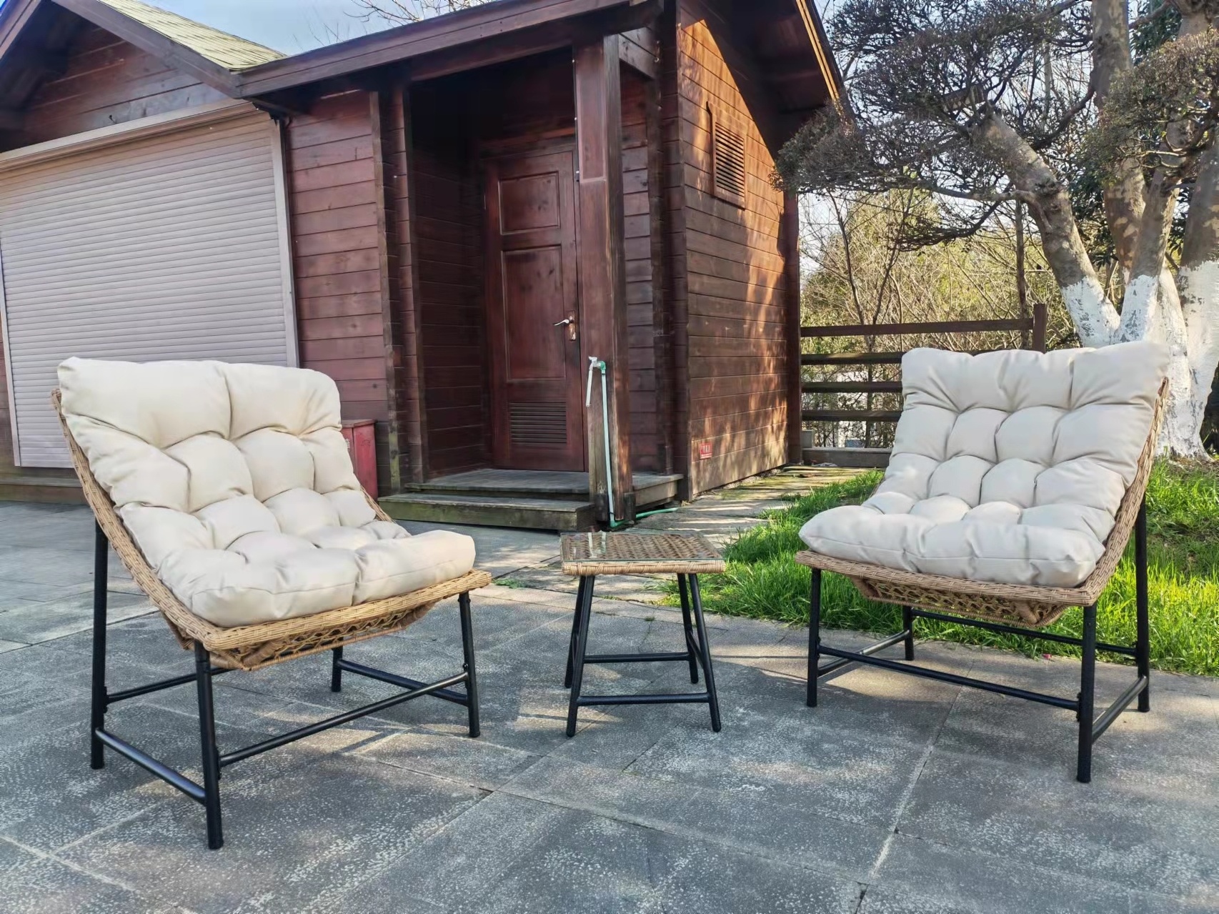 Modern Patio Wicker Furniture Set 2 Piece Rattan Scoop Chair in Natural with coffee table