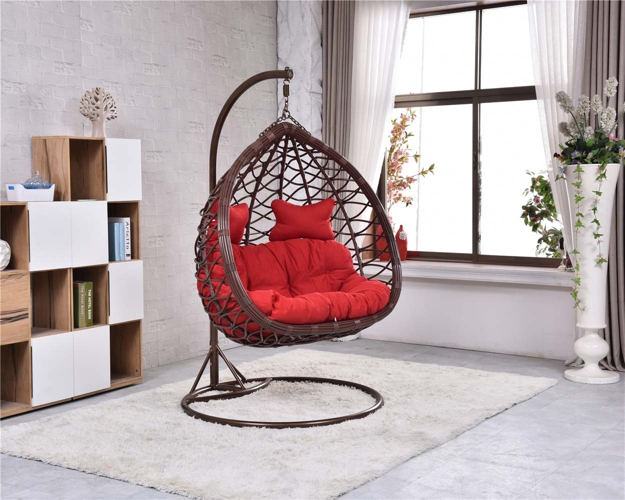 Garden Rattan Single Pole Double Seat Egg Swing Leisure Wicker Patio Hanging Swing Chair with stand