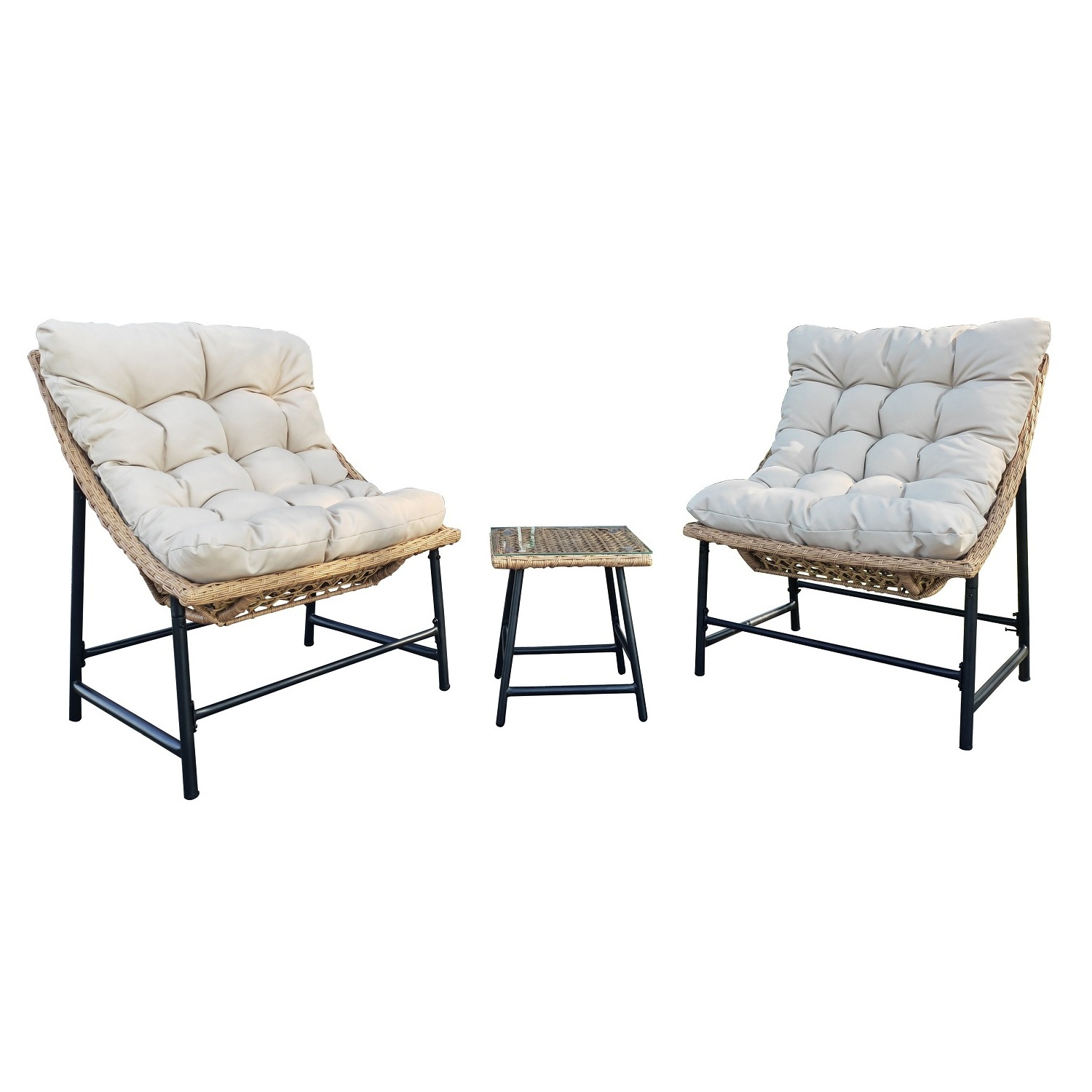 Modern Patio Wicker Furniture Set 2 Piece Rattan Scoop Chair in Natural with coffee table