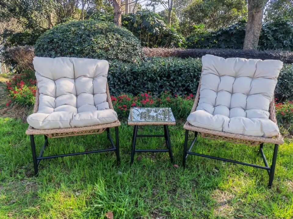 Modern Patio Wicker Furniture Set 2 Piece Rattan Scoop Chair in Natural with coffee table