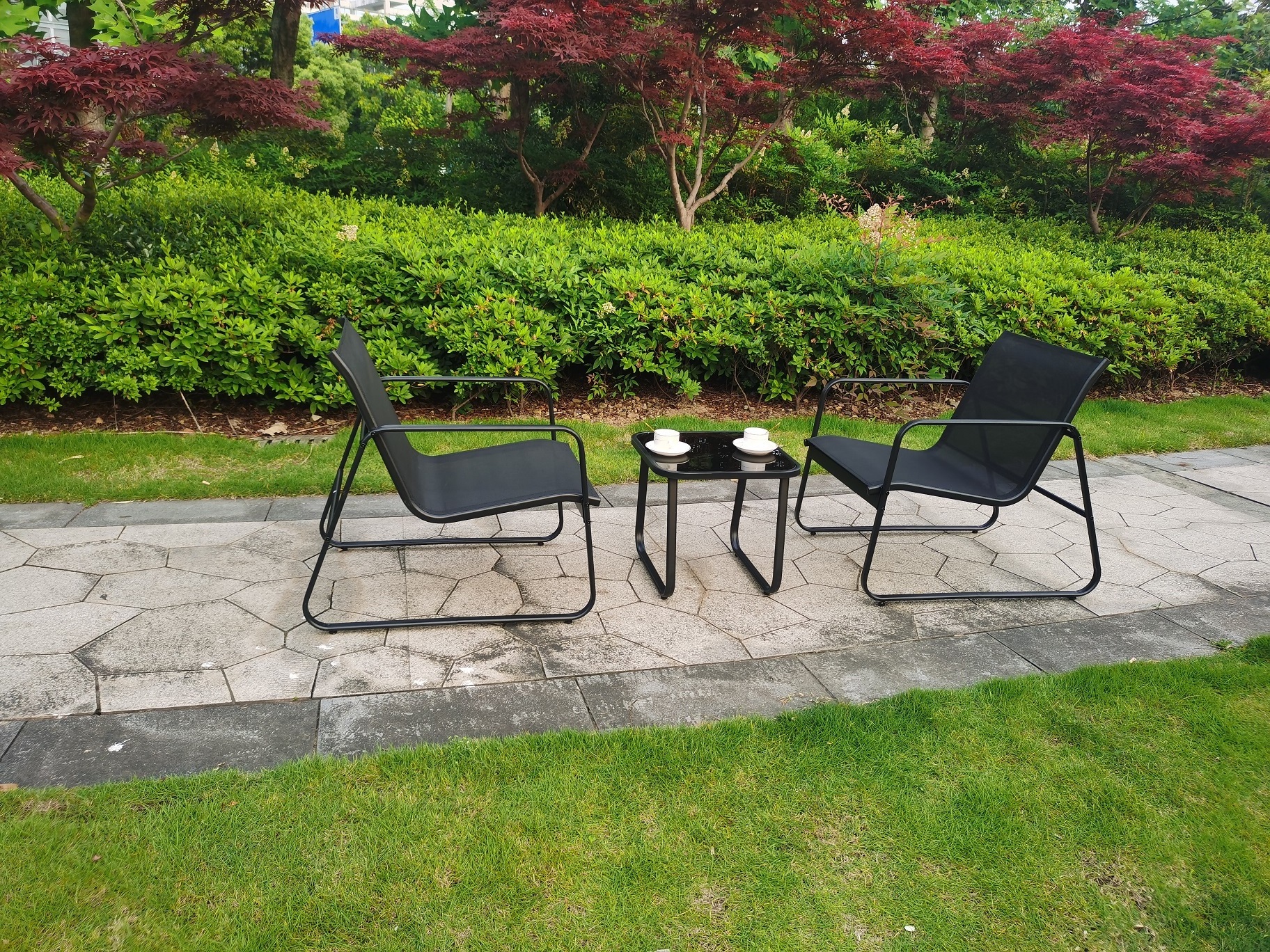 3Pieces Patio Furniture Set Garden Conversation Set Lawn Poolside Yard Textilene Chairs with Glass Table