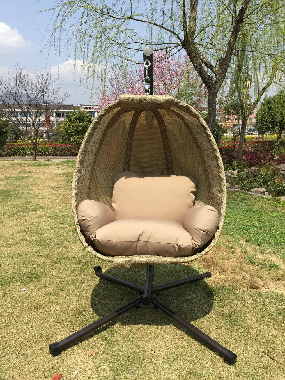 Patio Hanging Egg Chair with 4pcs pillows Garden Textilene Swing with Stand Outdoor Furniture