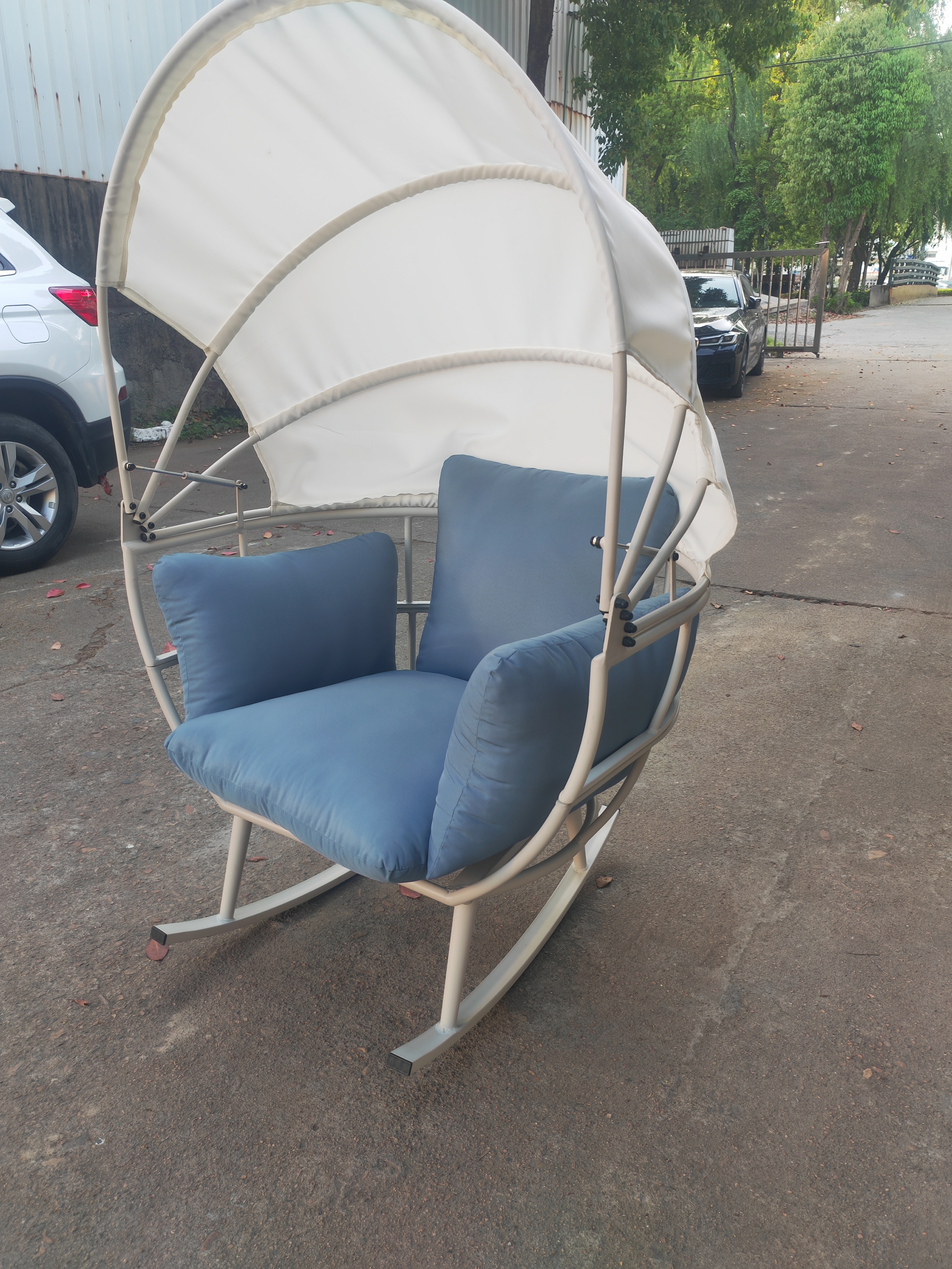 Egg Rocking Chair Steel Lounge Chair with Folding Canopy All Weather Outdoor Indoor Chair with Cushion & Sun Shade Cover