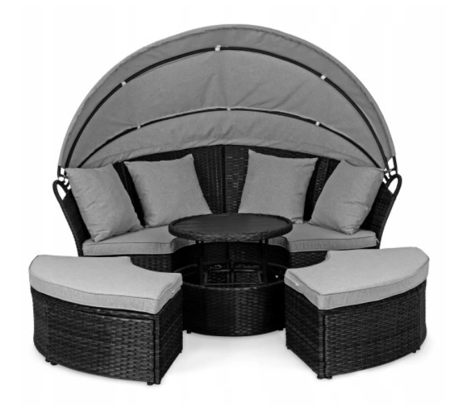 Patio Round Lounge with Folding Canopy Outdoor Wicker Sofa Bed with Lift Coffee Table Hotel Sectional Wicker Sunbed