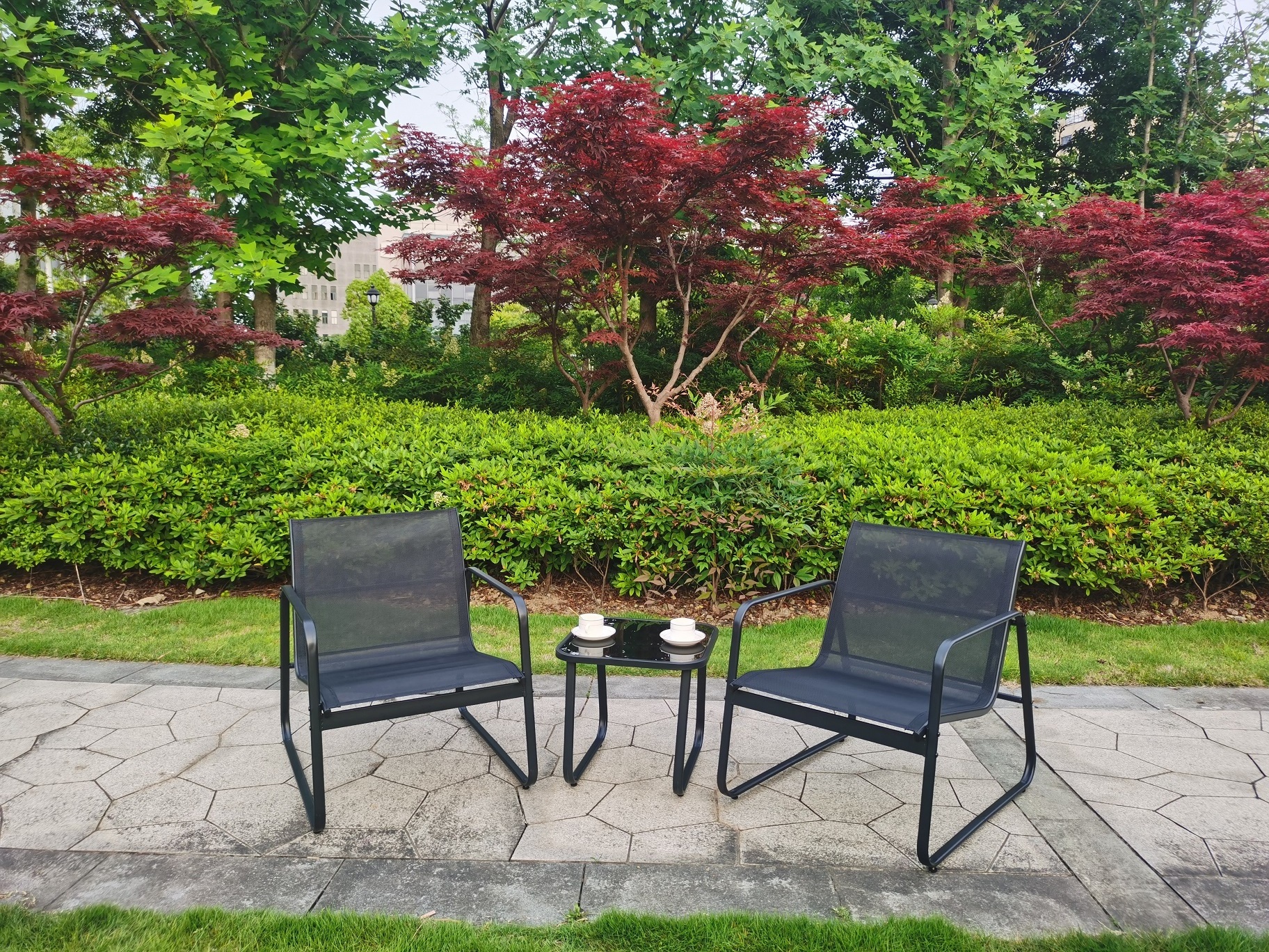 3Pieces Patio Furniture Set Garden Conversation Set Lawn Poolside Yard Textilene Chairs with Glass Table