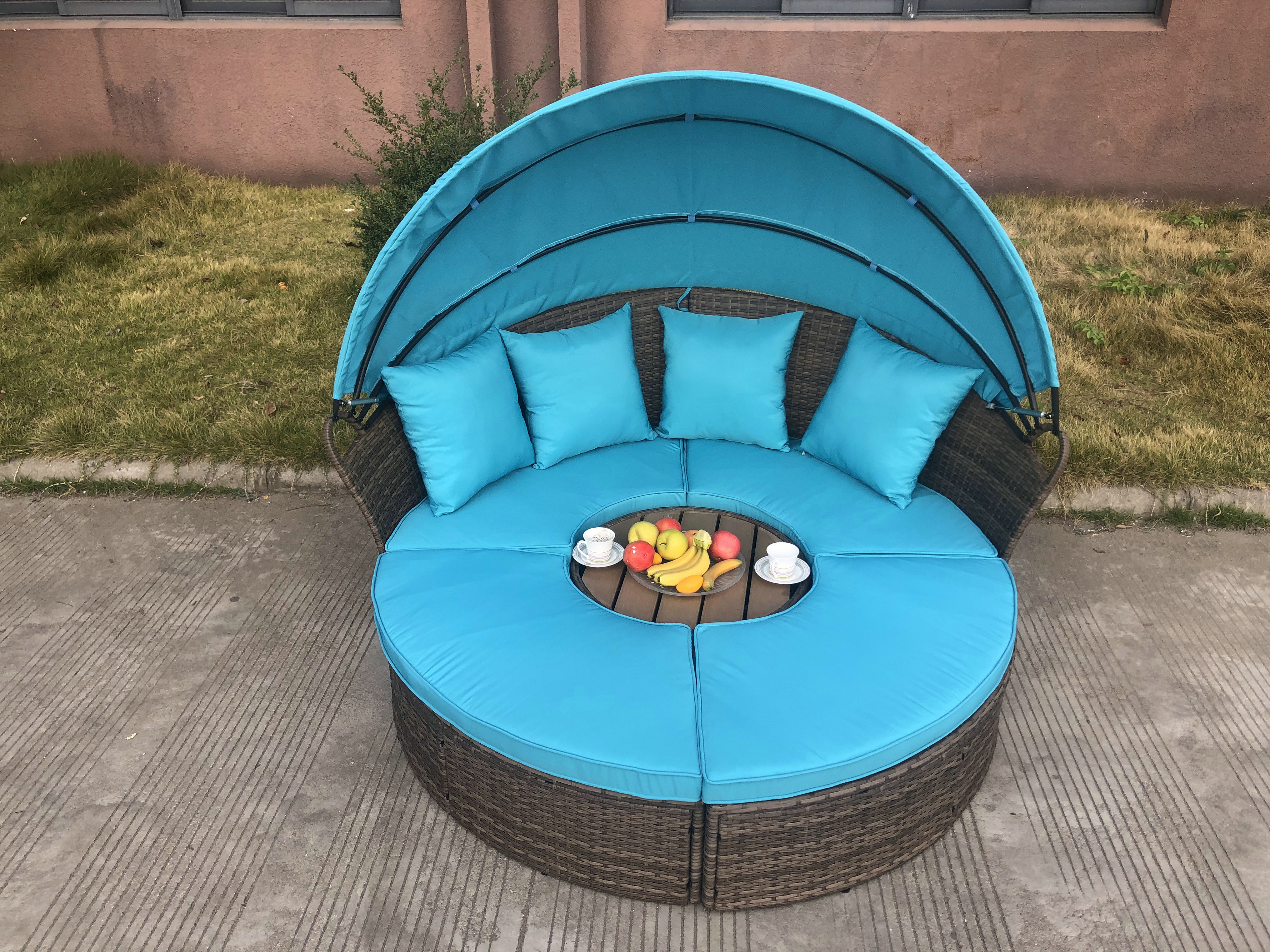 Patio Round Lounge with Folding Canopy Outdoor Wicker Sofa Bed with Lift Coffee Table Hotel Sectional Wicker Sunbed