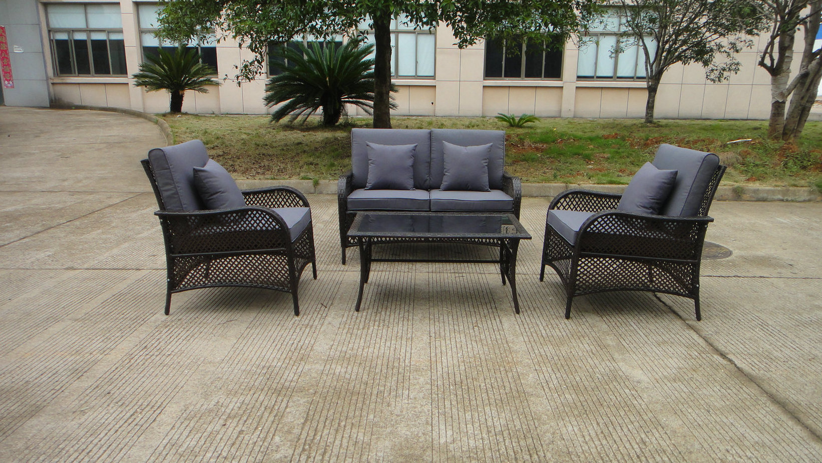 Patio Furniture Set Garden Wicker Sofa with Black Silk  Screen Coffee Table Outdoor Conversation Furniture Set