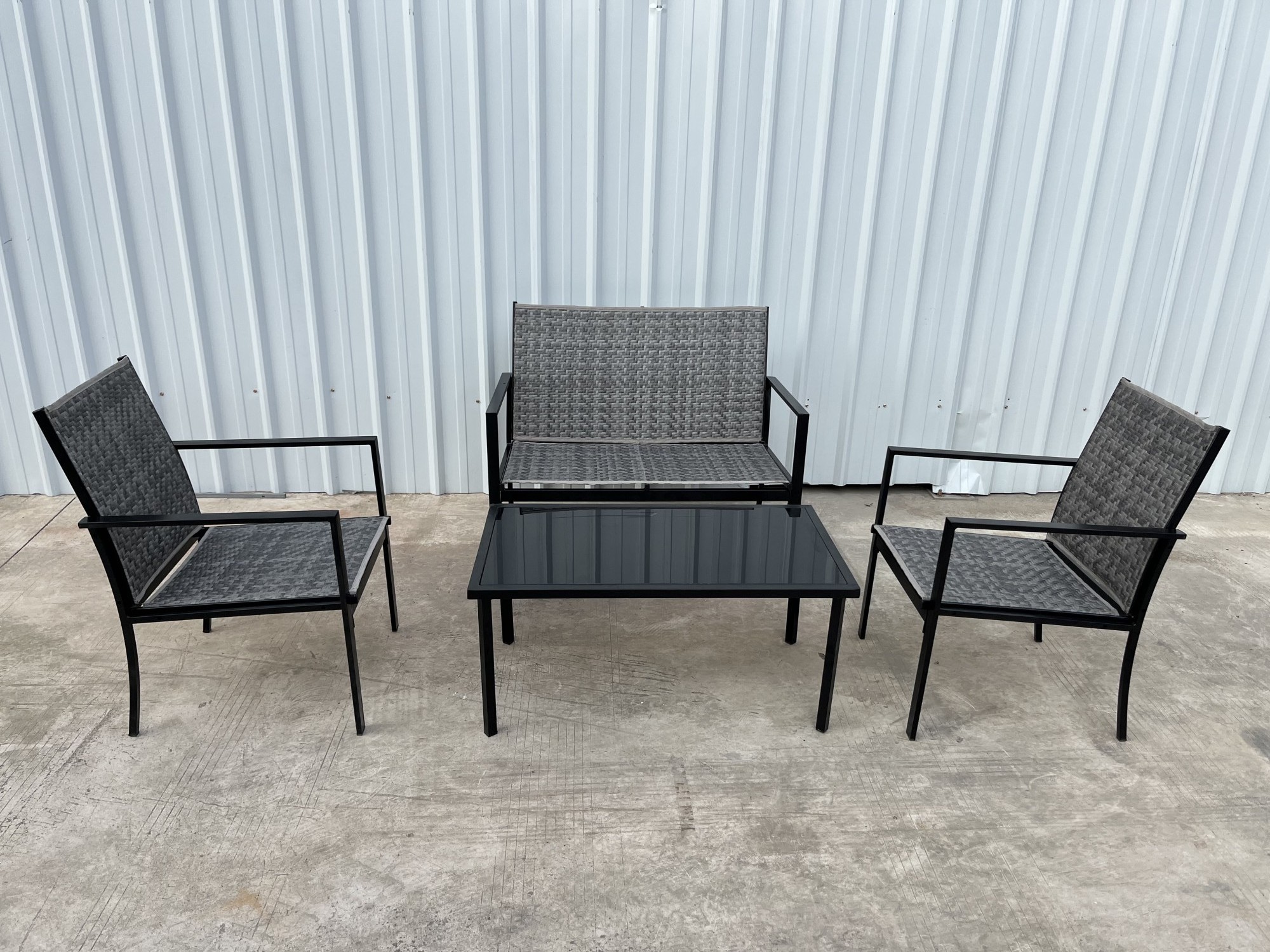 Patio Conversation Set Garden Wicker Loveseat & Single Chair with Black Silk Screen Glass Table Outdoor Furniture Set