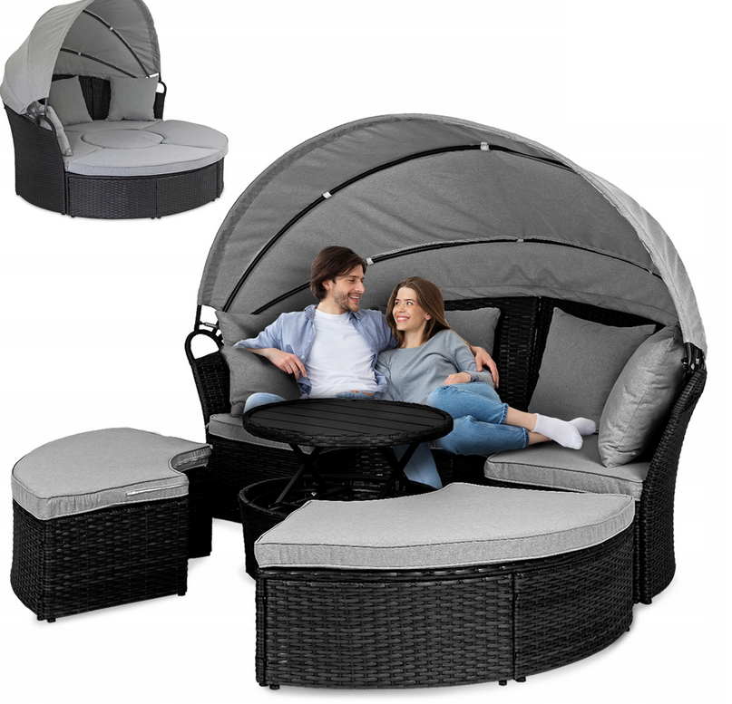 Patio Round Lounge with Folding Canopy Outdoor Wicker Sofa Bed with Lift Coffee Table Hotel Sectional Wicker Sunbed