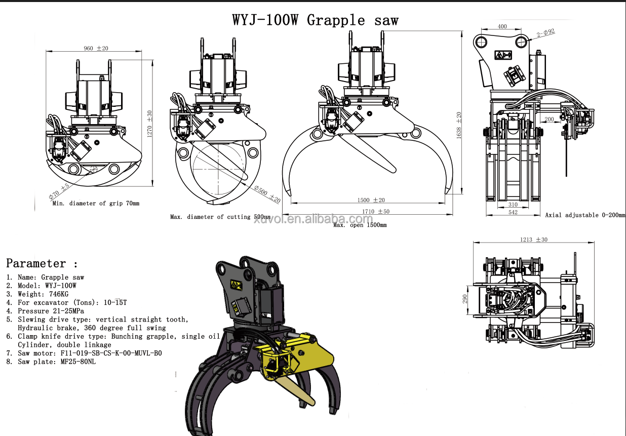 Double Cylinder Hydraulic Grapple Saw XUVOL Diesel Slew Drive Log Grapple Tree Removing Machine Tree Shear Felling Machinery