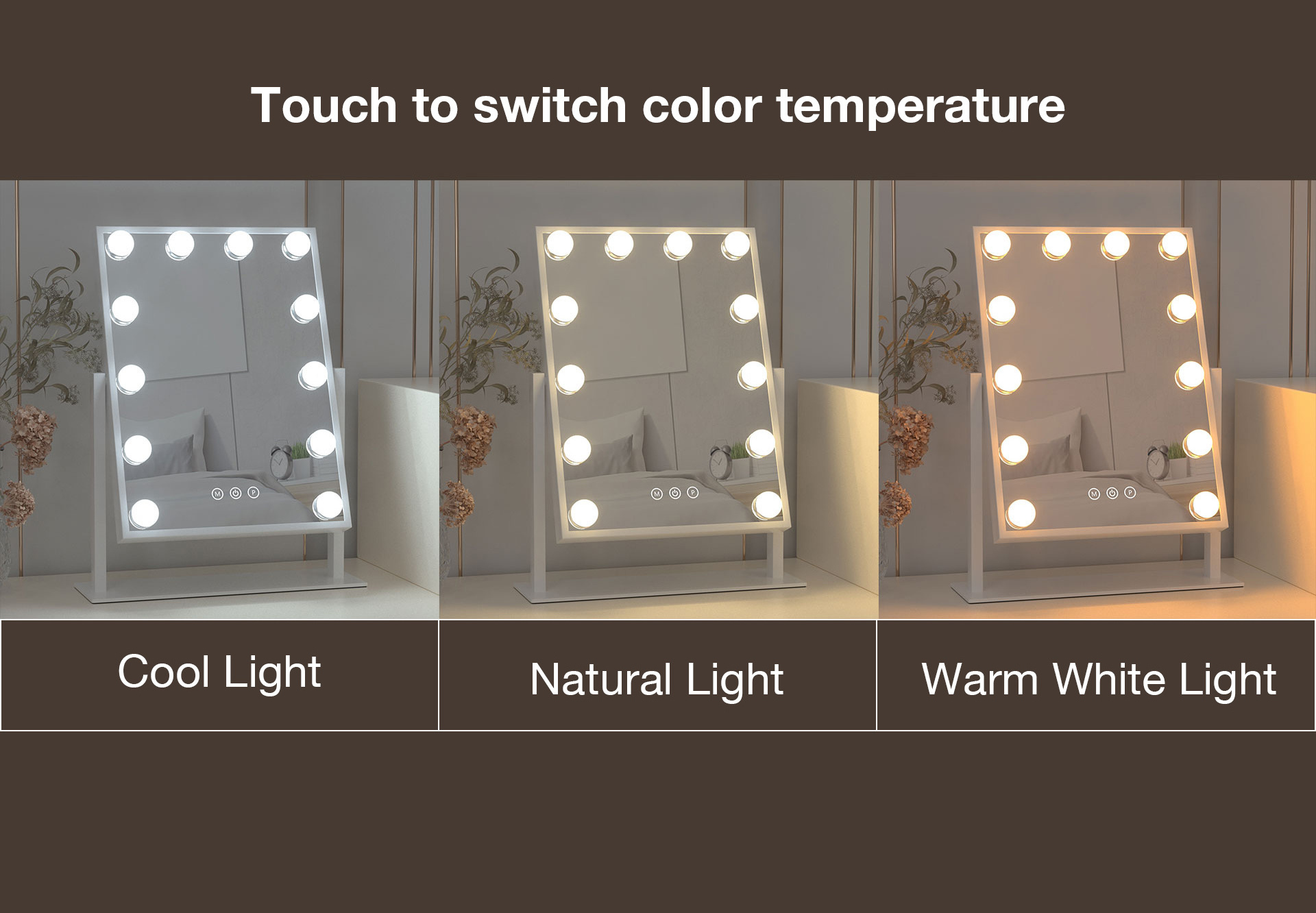 3 Color Lighting Modes Touch Sensor Screen Smart Dimmable Bulbs Led Vanity Makeup Hollywood Mirror With light