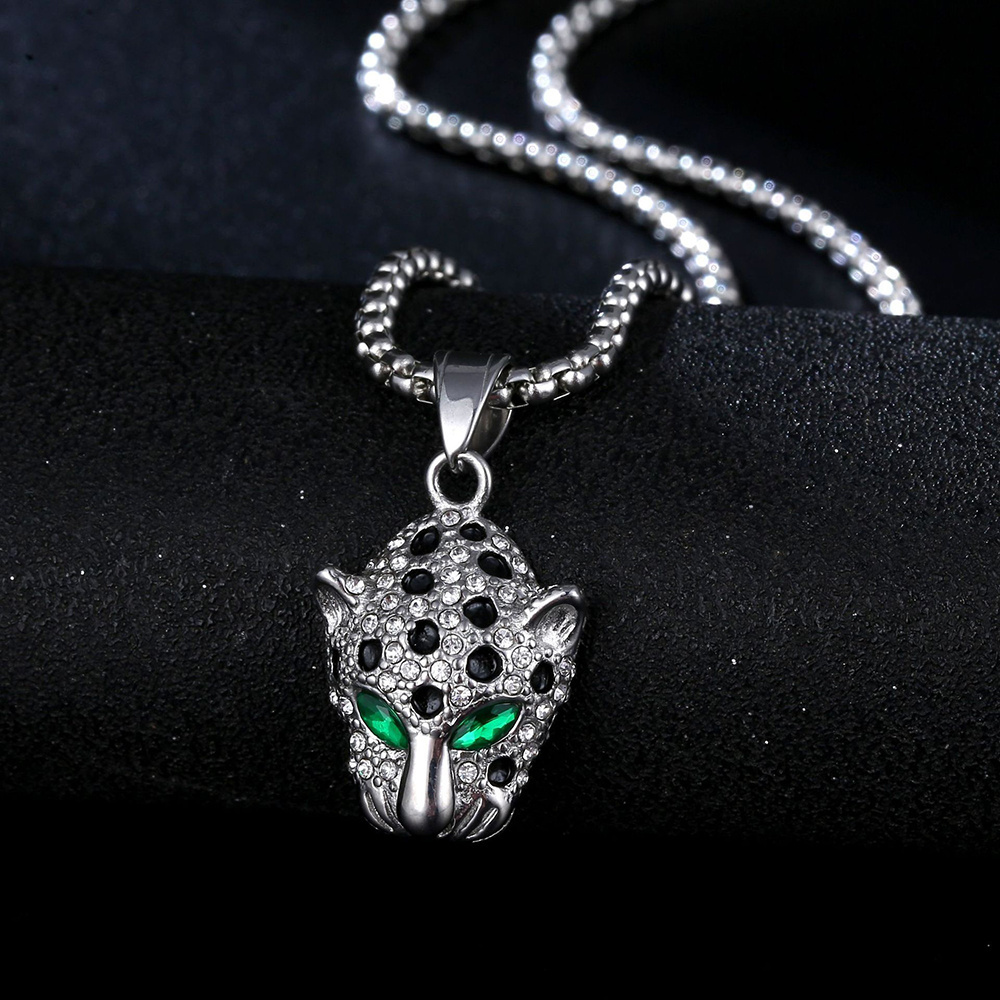 Hip Hop Stainless Steel 18K Gold Plated Bling Leopard Head Pendant Gemstone Eye Panther Pendant Cheetah Necklace For Men (BN048)