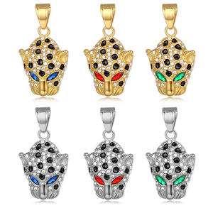 Hip Hop Stainless Steel 18K Gold Plated Bling Leopard Head Pendant Gemstone Eye Panther Pendant Cheetah Necklace For Men (BN048)