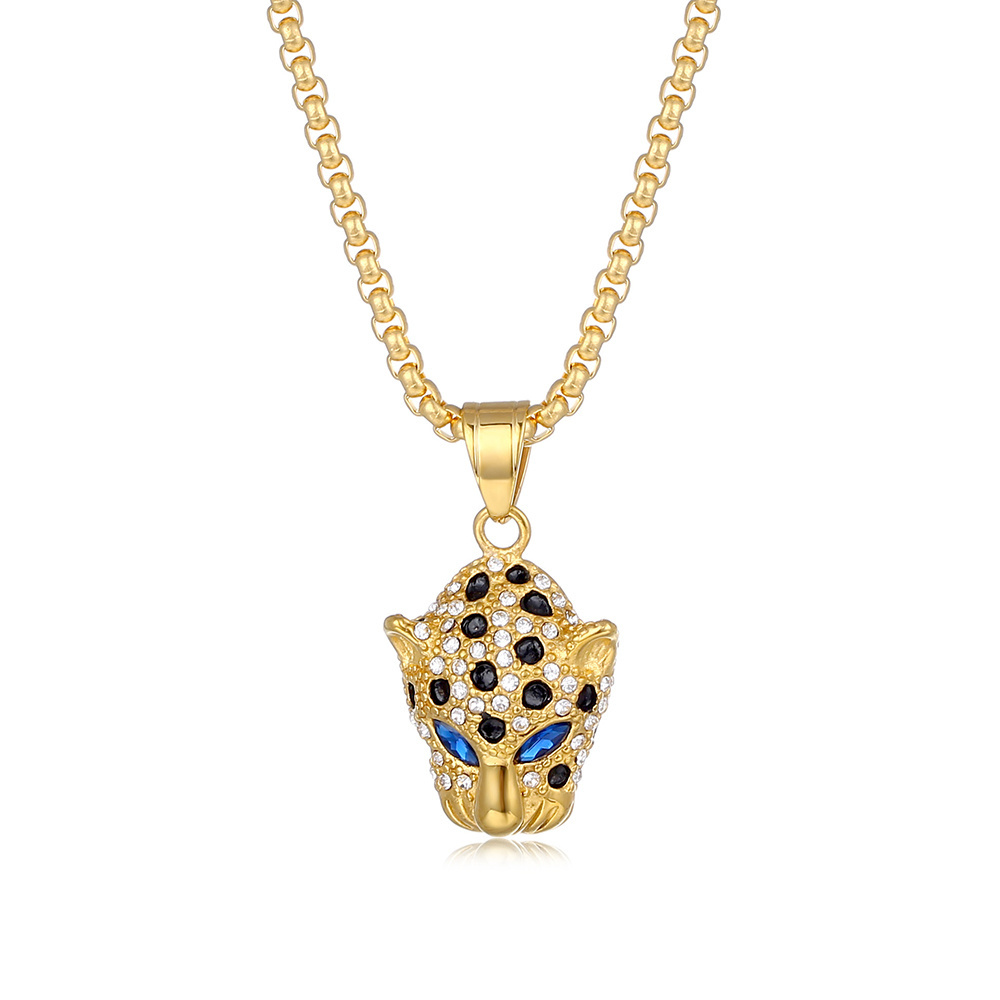 Hip Hop Stainless Steel 18K Gold Plated Bling Leopard Head Pendant Gemstone Eye Panther Pendant Cheetah Necklace For Men (BN048)