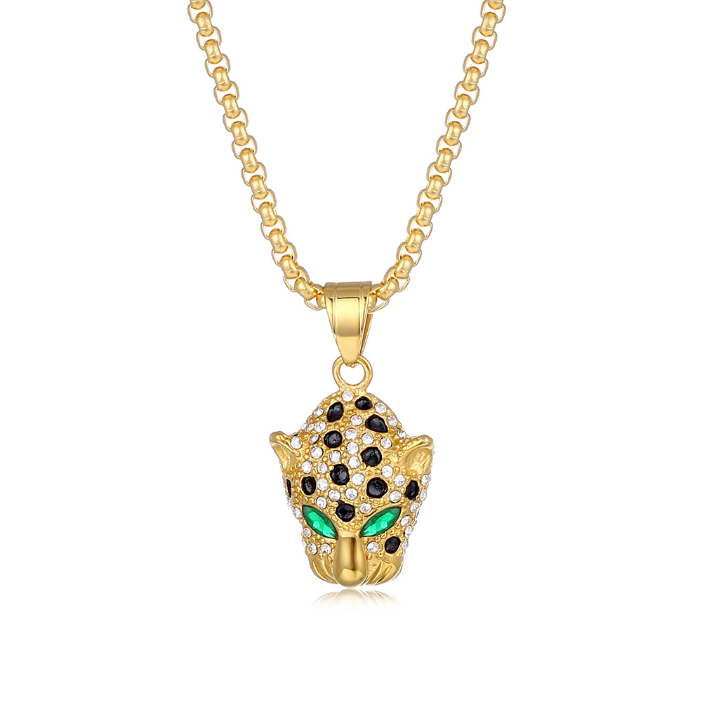 Hip Hop Stainless Steel 18K Gold Plated Bling Leopard Head Pendant Gemstone Eye Panther Pendant Cheetah Necklace For Men (BN048)