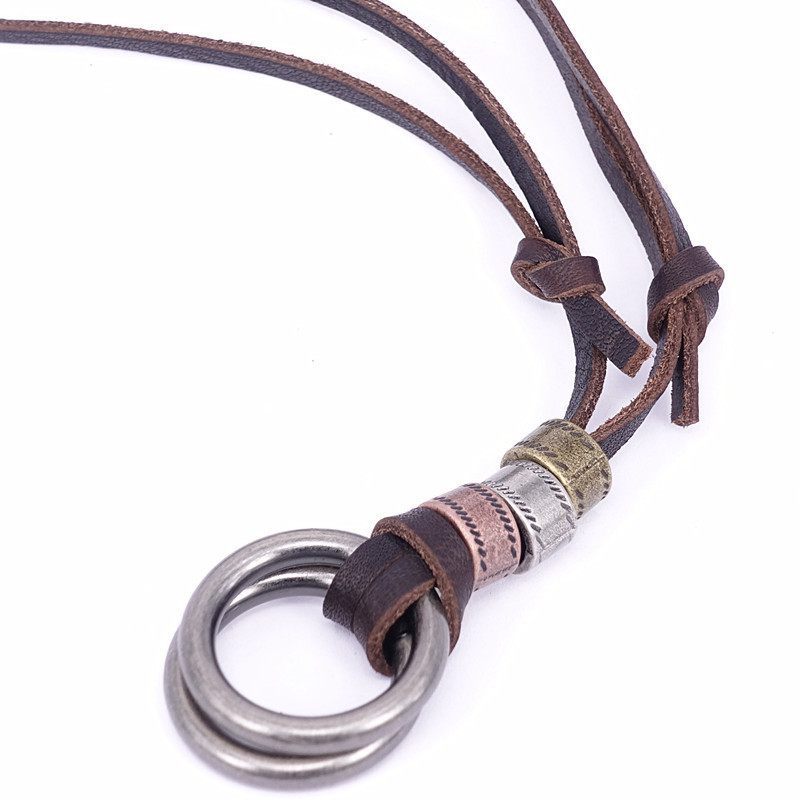 New Arrivals Sweater Chain Vintage Men Retro Metal Double Circles Pendant Necklace Genuine Leather Cord Necklace (BN015)