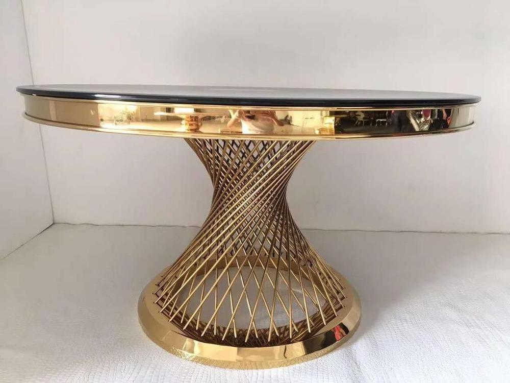 Gold round stainless steel legs mirror glass wedding cakes table for sale