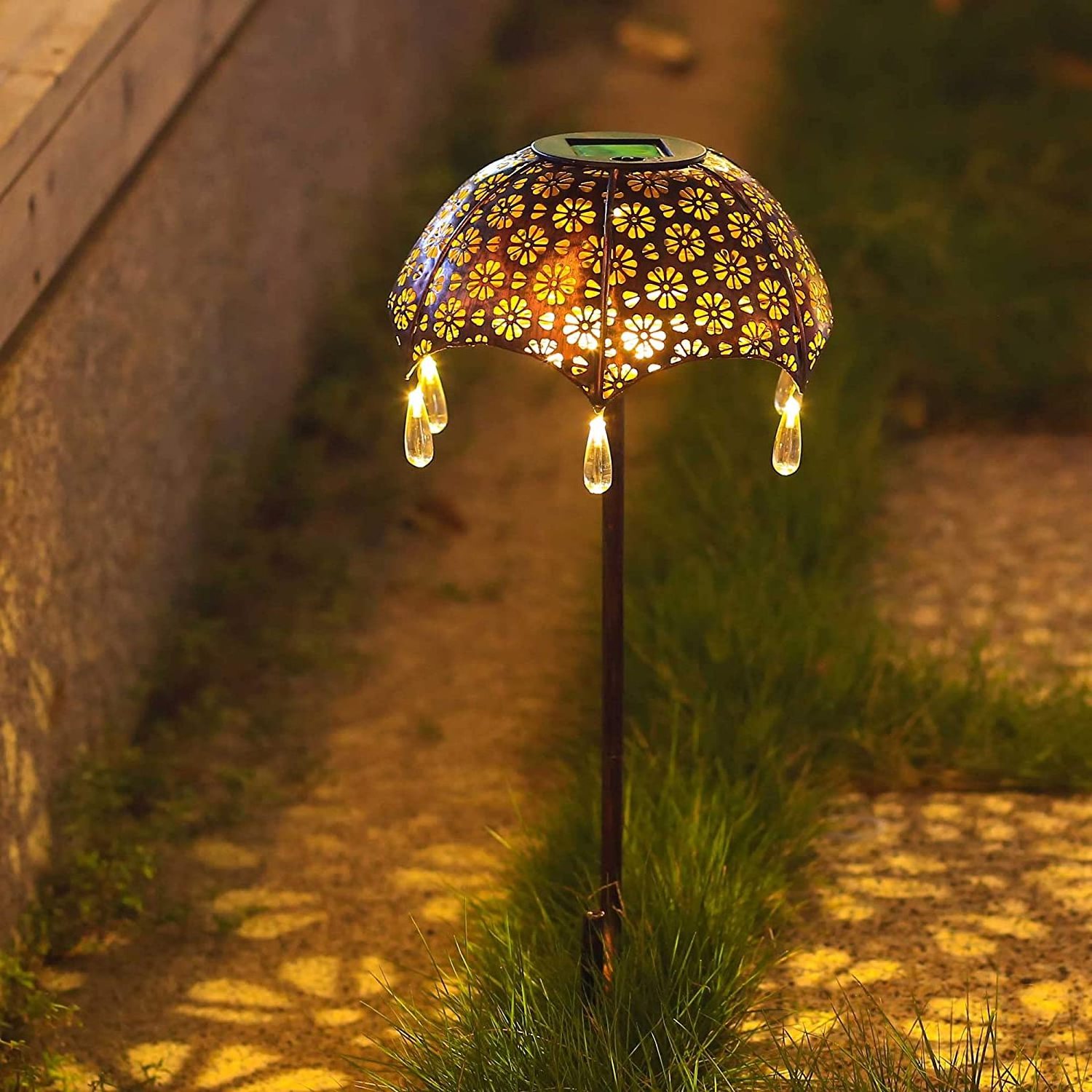 Umbrella with Solar String Light Decor Garden Patio Metal Umbrella Stake Solar Light for Garden