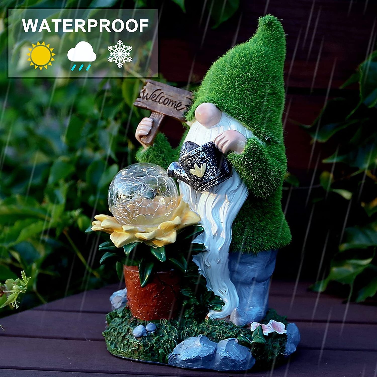 2023 Garden Ornaments Waterproof Welcome Sign Flocked Resin Garden Gnome Statue Watering Planter With Solar Lights