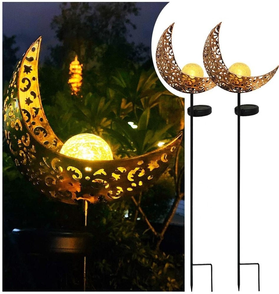 Garden Solar Lights Pathway Outdoor Moon Crackle Glass Globe Stake Metal Lights,Waterproof Warm White LED Lawn,Patio Courtyard