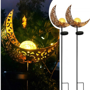 Garden Solar Lights Pathway Outdoor Moon Crackle Glass Globe Stake Metal Lights,Waterproof Warm White LED Lawn,Patio Courtyard