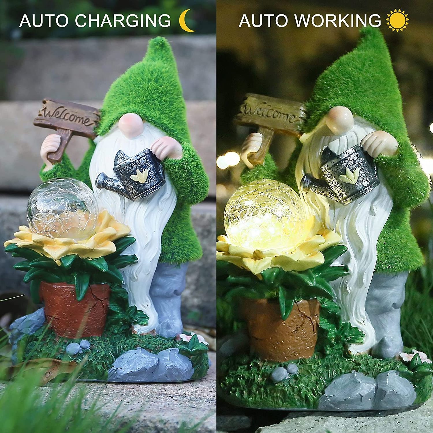 2023 Garden Ornaments Waterproof Welcome Sign Flocked Resin Garden Gnome Statue Watering Planter With Solar Lights