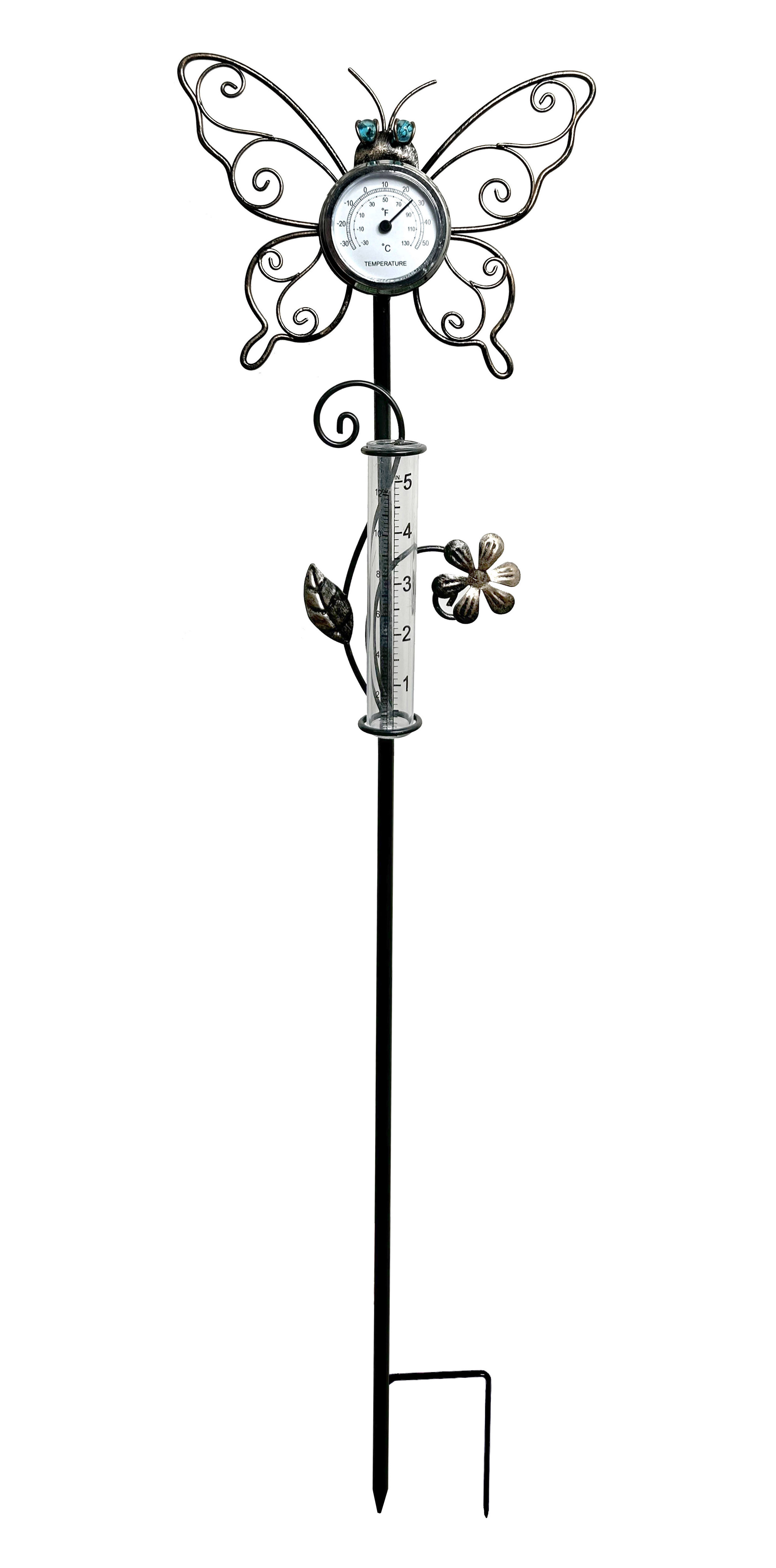 Waterproof Rain Gauge Garden Rustproof Metal Butterfly & Owl with Thermometer Decorative Rain Gauge Stake