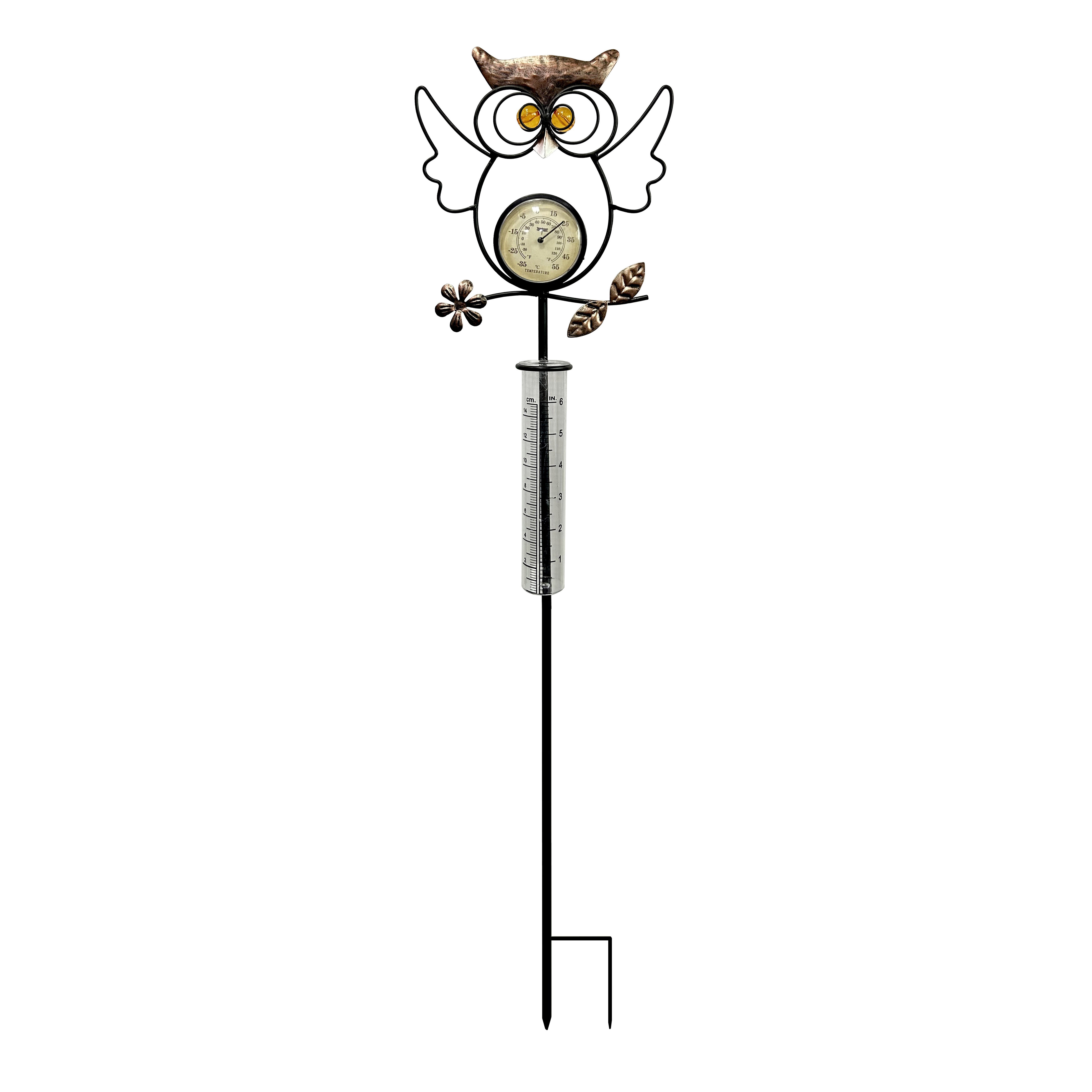 Waterproof Rain Gauge Garden Rustproof Metal Butterfly & Owl with Thermometer Decorative Rain Gauge Stake