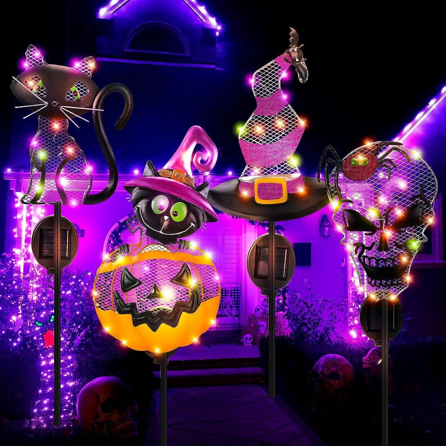 Outdoor Halloween Grimace & Witch Hat & Cat Pumpkin Decor Solar Stake Lights Metal Grimace Decorative for Backyard Decor