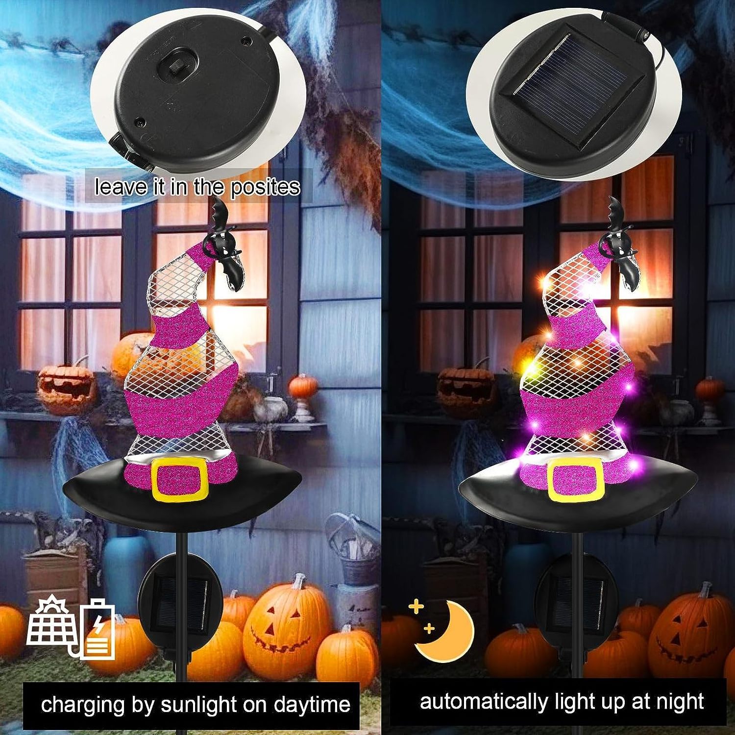 Outdoor Halloween Grimace & Witch Hat & Cat Pumpkin Decor Solar Stake Lights Metal Grimace Decorative for Backyard Decor