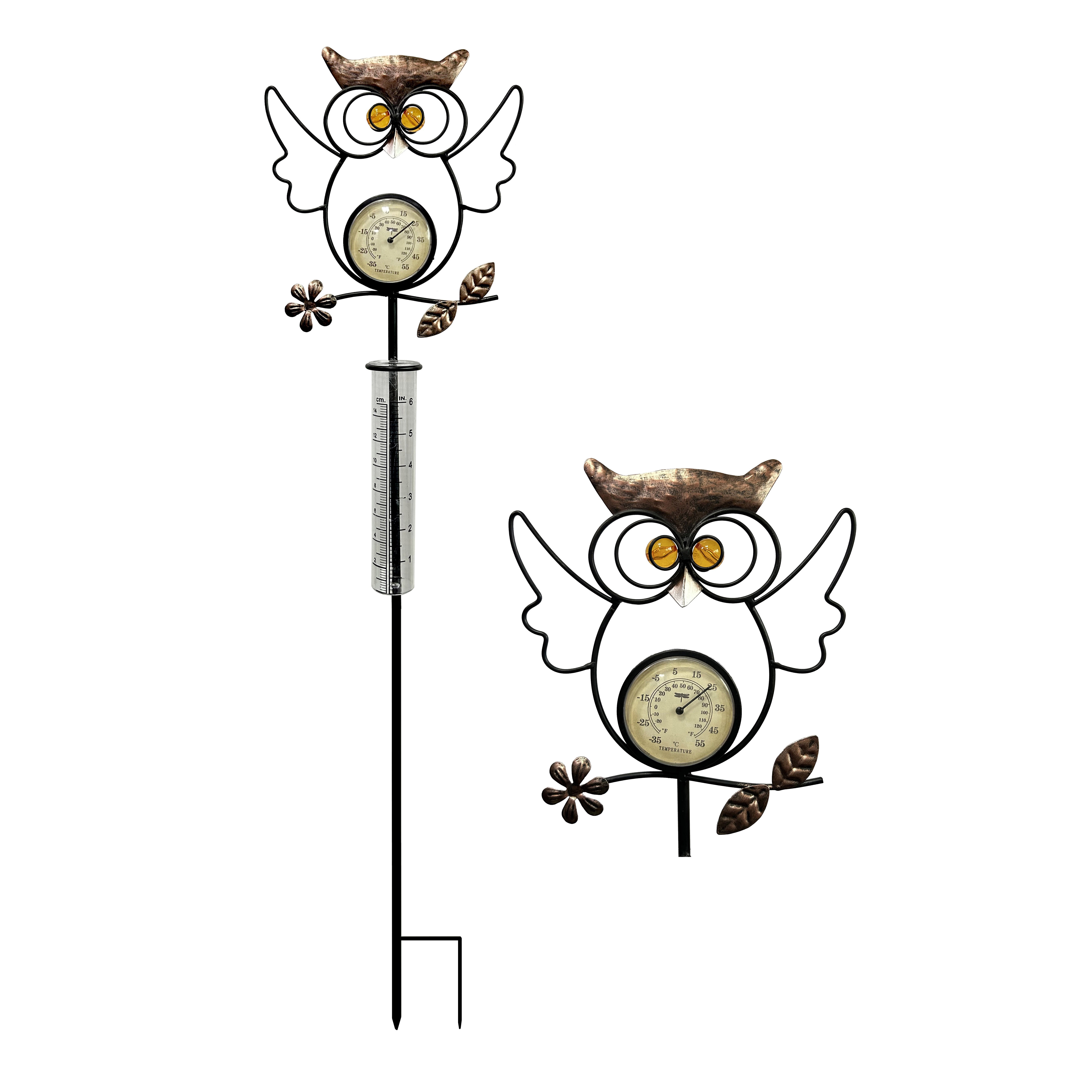 Waterproof Rain Gauge Garden Rustproof Metal Butterfly & Owl with Thermometer Decorative Rain Gauge Stake