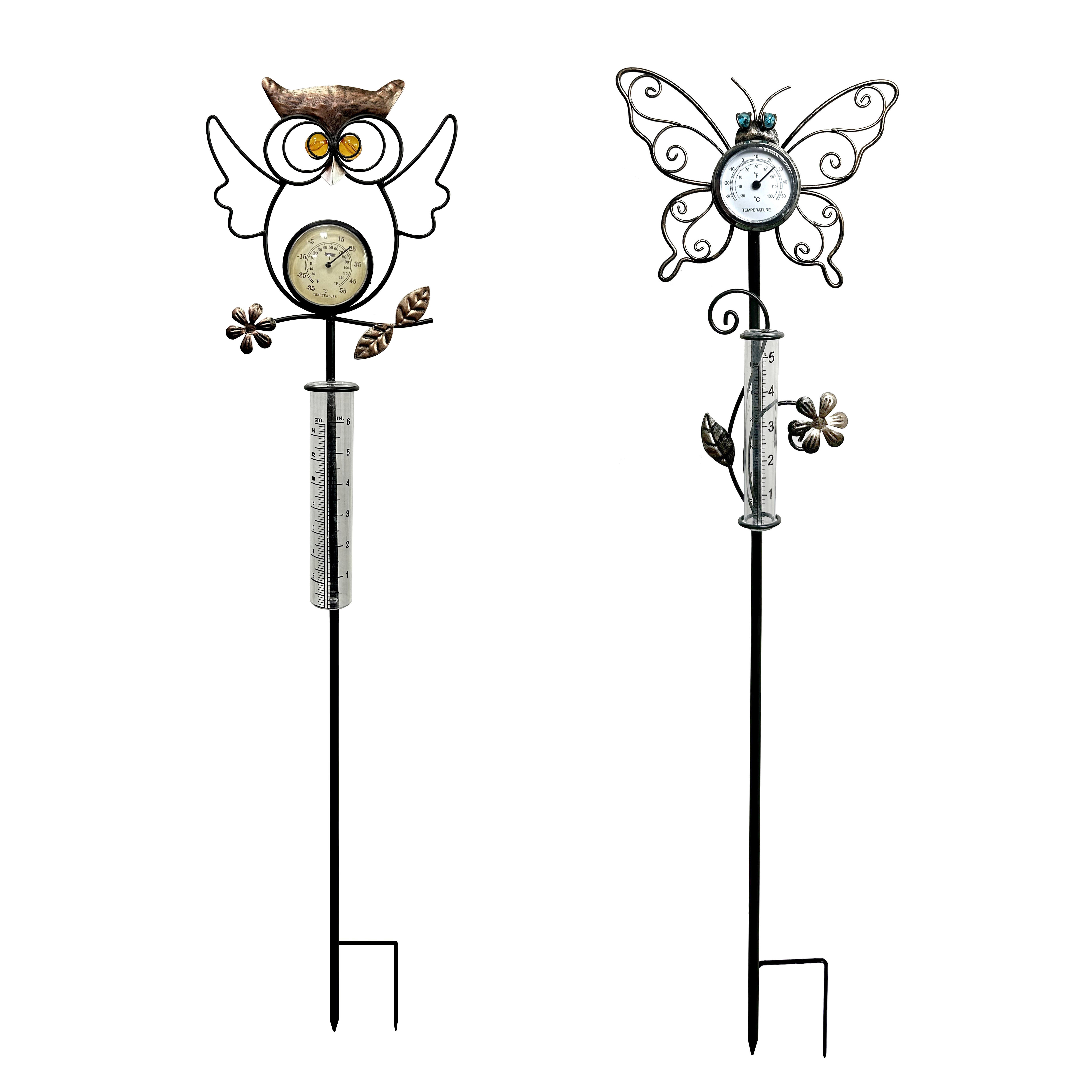 Waterproof Rain Gauge Garden Rustproof Metal Butterfly & Owl with Thermometer Decorative Rain Gauge Stake